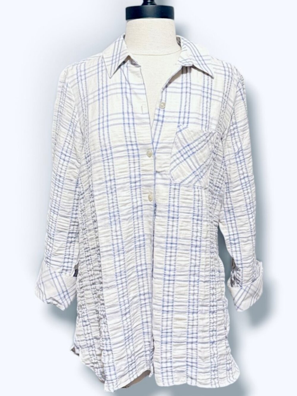 Foxcroft Germaine Plaid Linen Blend Button Up Shirt White Blue Size 12